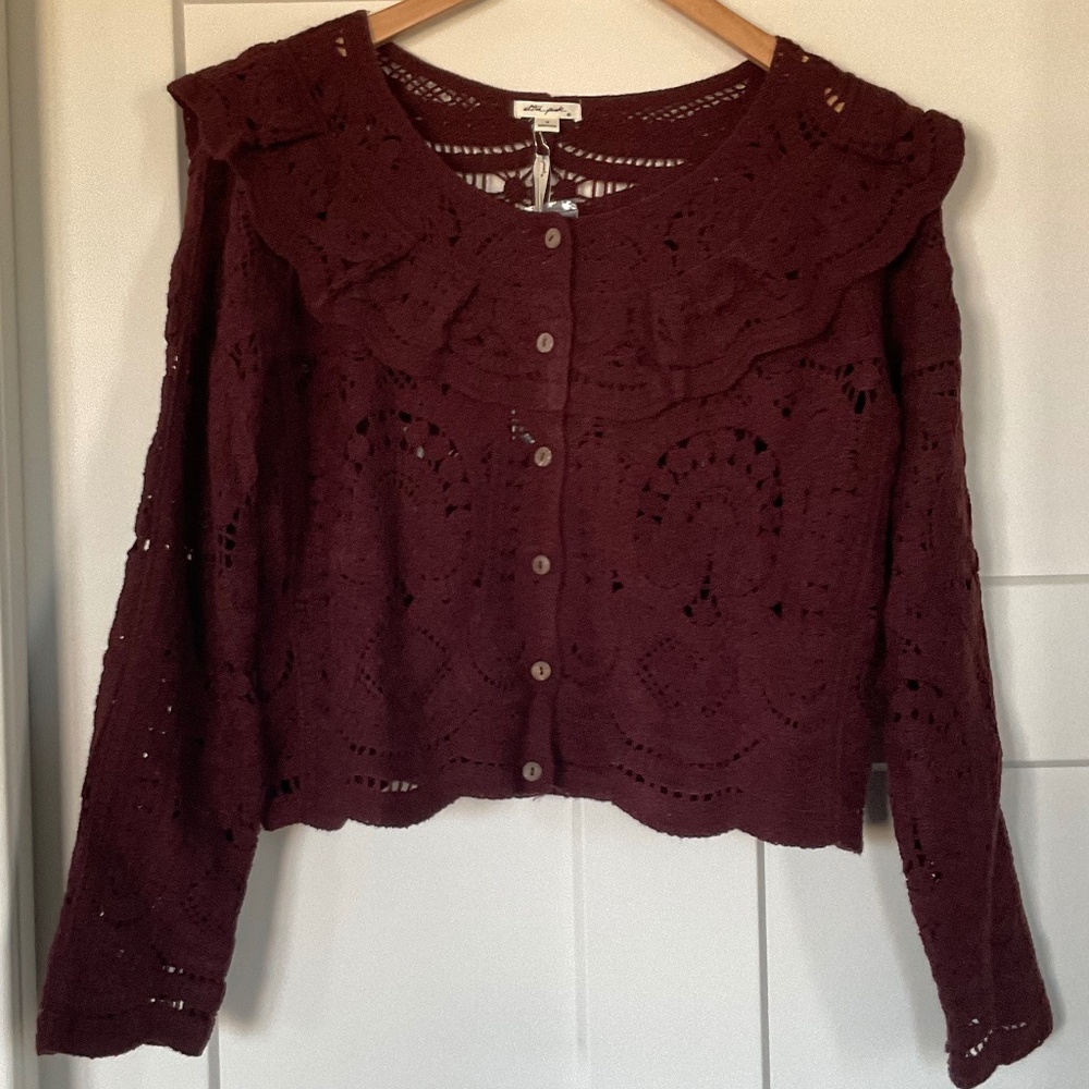 Crocheted Boho Ruffled Cardigan Sweater by Ultra Pink NWT